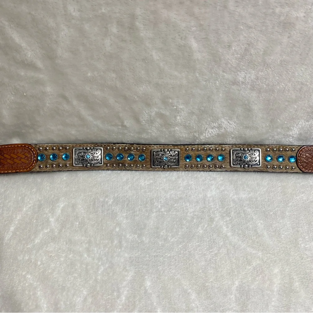 NOCONA Kids Leather Calf-hair Belt Blue Rhinestones Brown Western Cowboy